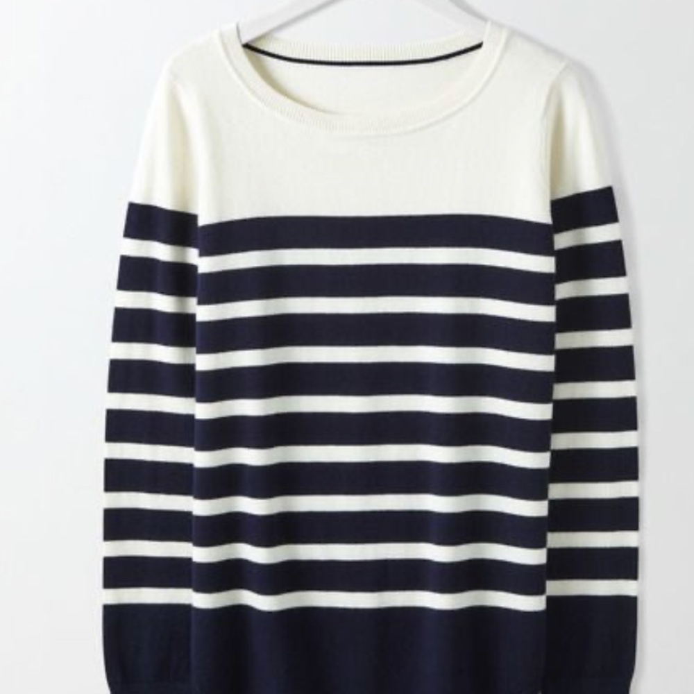 Boden Emilie Curved Hem  Navy and Cream Striped Crew Neck Sweater